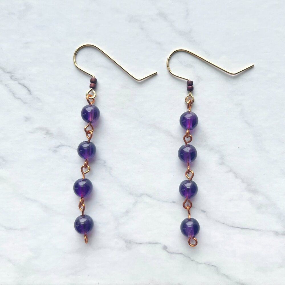Deep Purple Round Glass Bead Dangle Drop Earrings